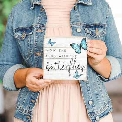 Simply Said, INC Perfect Pallets Petites Bereavement Decor, She Flies With Butterflies, 6 x 6 inch Wood Sign, Made in USA PET1905 - color: Butterflies - 6 inch