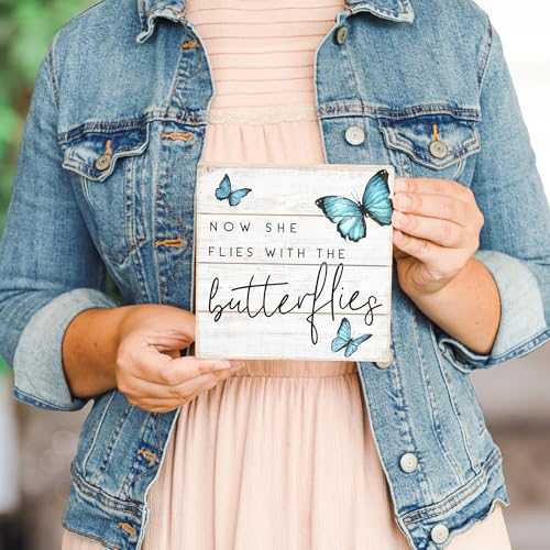 Simply Said, INC Perfect Pallets Petites Bereavement Decor, She Flies With Butterflies, 6 x 6 inch Wood Sign, Made in USA PET1905 - color: Butterflies - 6 inch