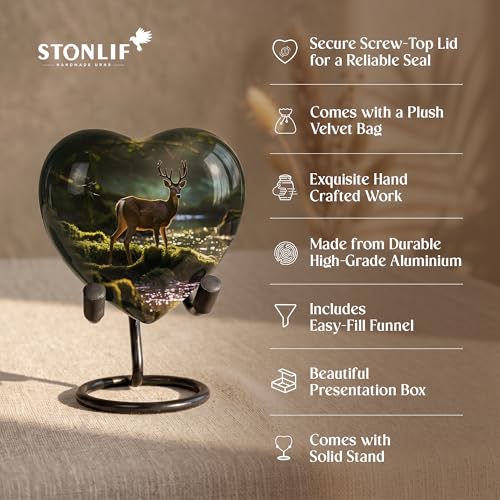 Deer Keepsake Heart Cremation Urn for Human Ashes – Small Aluminum Memorial Burial Urn for Men & Women, Rustic Decorative Home Display - Small Keepsake Heart - size: Small Heart