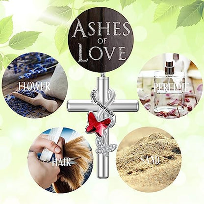 Cross Urn Necklace for Ashes 925 Sterling Silver Cremation Jewelry with Funnel Filler Kit Ashes Necklace for Human Women Girl Pets - color: A_Red Butterfly Urn Necklace, style: Non-personalized