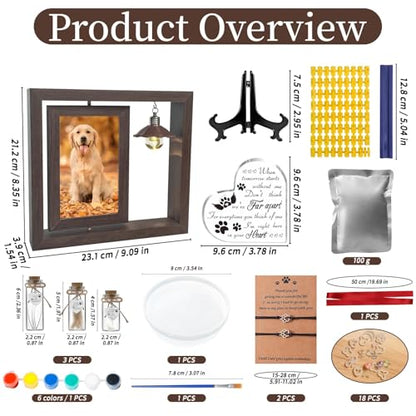 Pet Memorial Gifts for Dogs, Rotating Wooden Picture Frame for 4x6 Photo with Paw Print Kit Fur Jar Photo Album Bracelet Loss of Dog Sympathy Gift