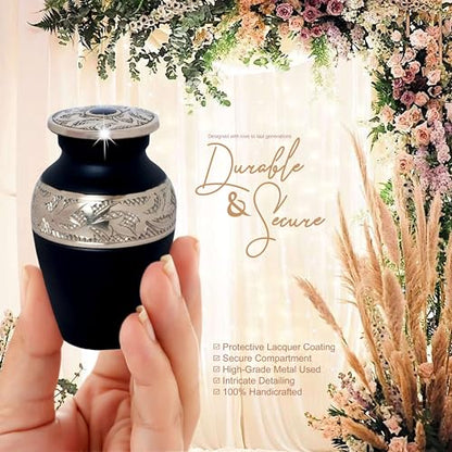Small Keepsake Urn for Human Ashes – Black Handcrafted Solid Brass Mini Cremation Urn with Velvet Bag – Elegant Lacquer-Coated Memorial Urn for Men & Women – Durable Tribute Ashes Holder for Loved One