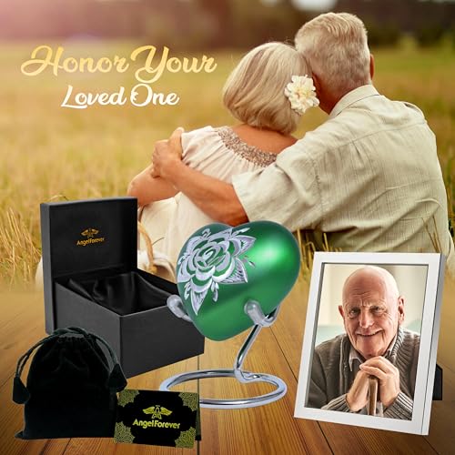 Rose Heart Keepsake Urn for Human Ashes Floral Mini Memorial Urn with Stand & Velvet Gift Box (Green) - color: Green