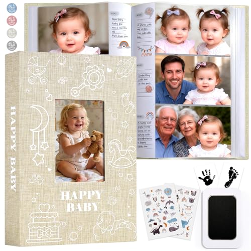 Baby Photo Album 4x6 300 Pockets with Memo Area, Photo Stickers & Hand and Footprint Kit, Linen Cover Baby Memory Book with Front Window, First Year Keepsake for Newborn Boy Girl - color: Beige