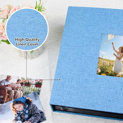 Aevdor Large Capacity 4x6 Photo Album, 1000 Photos, Linen Cover, Blue | Black Inner Pages, 3 Horizontal and 2 Vertical Pockets per Side, Front Photo Window, Family, Wedding & Travel Memories - color: Linen Blue