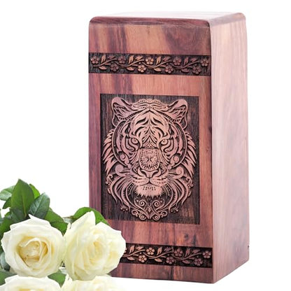 Tiger Cremation Urns 10 Inch, Decorative Wooden Urn for Human Adult Ashes