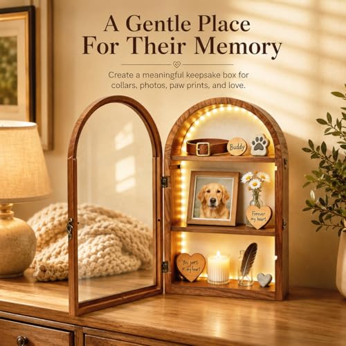 Lighted Shadow Box Frame 10x16, 4-Inch Deep with Removable Shelves | Built-In LED Light Clear Acrylic Door Warm Walnut Finish Memory Box for Medals, Wedding Bouquet, Keepsakes & Pet - color: Walnut With Light