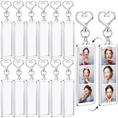 MTLEE 12 Pcs Mini Photo Strip Keychain Frame 1x3 Inch Acrylic Photo Booth Keychain Double Sided Keyring Blank DIY Custom Gift - style: Heart Clasp