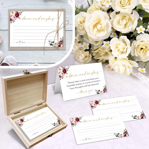 Advice and Wishes Cards Box – 50 Pcs Flowers Well Wishes & Wedding Advice Cards for Bride & Groom, Baby Shower, Birthday, Graduation, Wedding Reception, Retirement -A08 - color: Flowers, size: Set with Wooden Box