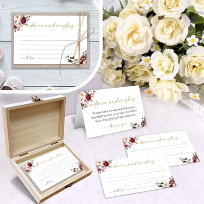 Advice and Wishes Cards Box – 50 Pcs Flowers Well Wishes & Wedding Advice Cards for Bride & Groom, Baby Shower, Birthday, Graduation, Wedding Reception, Retirement -A08 - color: Flowers, size: Set with Wooden Box