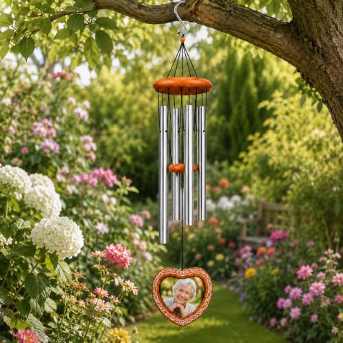 34 Inch Memorial Wind Chimes for Outside, Wooden Photo Frame Heart Pendant - color: Silver
