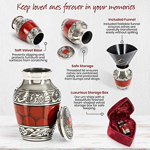 Small Keepsake Cremation Urns for Human Ashes with Velvet Heart Case and Funnel - Crimson : Deep Red Brass Hand Engraved Mini Memorial Urn - color: Red/Crimson Small Keepsake Urn