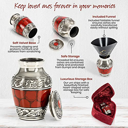 Small Keepsake Cremation Urns for Human Ashes with Velvet Heart Case and Funnel - Crimson : Deep Red Brass Hand Engraved Mini Memorial Urn - color: Red/Crimson Small Keepsake Urn