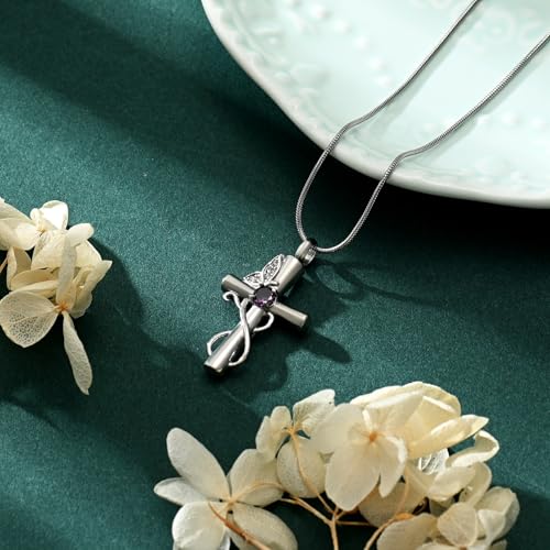 Butterfly Cross Cremation Jewelry Urn Necklaces Cross Butterfly Urn Necklaces for Ashes Memorial Keepsake Pendant for Women Men Gifts With Funnel Kit & Bag - color: Silver+Purple