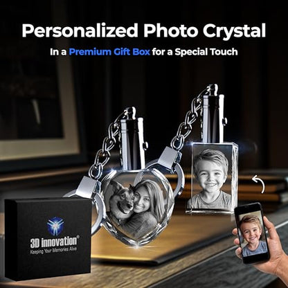 3D innovation Personalized Crystal Keychain Photo with LED Light Custom Laser Etched Key Chain, Valentines Gifts Keepsake - style: Square
