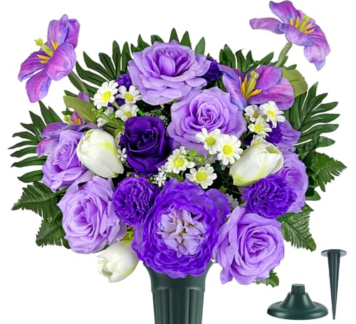 Artificial Cemetery Flowers,Memorial Flowers,Beautiful Arrangements for Headstones,Silk Tulip Rose Hibiscus Daisy