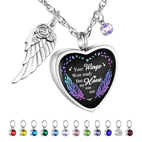 Dletay Heart Urn Necklace for Ashes Birthstones Cremation Jewelry for Ashes Stainless Steel Ash Necklace Memorial Ash Holder - color: Silver Feather