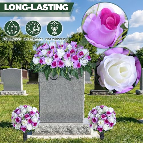 3 PCS Artificial Cemetery Flowers for Grave, Headstone Flower Saddle - color: Purple and White