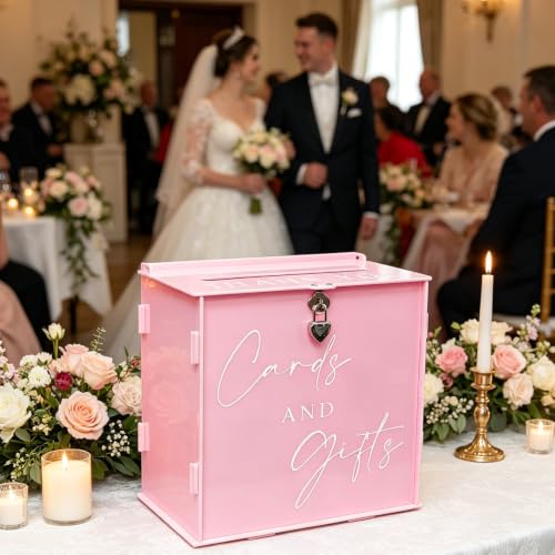 Acrylic Card Box with Lock & Slot, Macaron Pink Money Gift Card Box for Baby Shower Reception, Cash Envelope Box for Quinceanera Graduation Bridal Shower Wedding & Anniversary Party Supplies - color: Macaron Pink