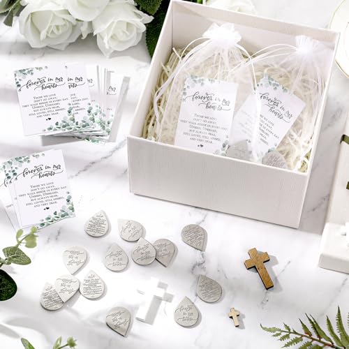 Ctosree 50 Sets Funeral Favors for Guests Tear Shaped Pocket Hug Token Memorial Sign with Poem Cards and Organza Bags for Family Church Funeral Prayer Gifts