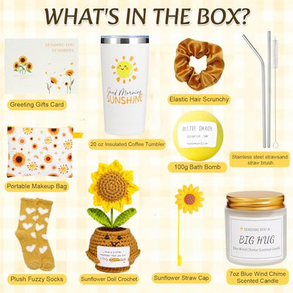 QSEWVZX 10Pcs Sunshine Gift,Unique Care Package with Sunflower Gifts,Self Care Basket for Women Recovery, Friends, Get Well Soon Basket Thinking of You Self Care Boxes for Women Mom