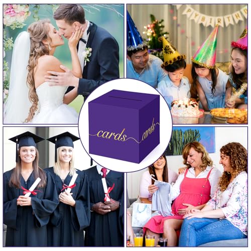 Purple Card Box Gold Foil Wedding Favors Gift Card Boxes Post Box Receiving Money Box Holder for Wedding Reception, Baby Showers, Anniversary, Birthday Party, Retirement, Graduation Envelope Holder - color: Purple and Gold