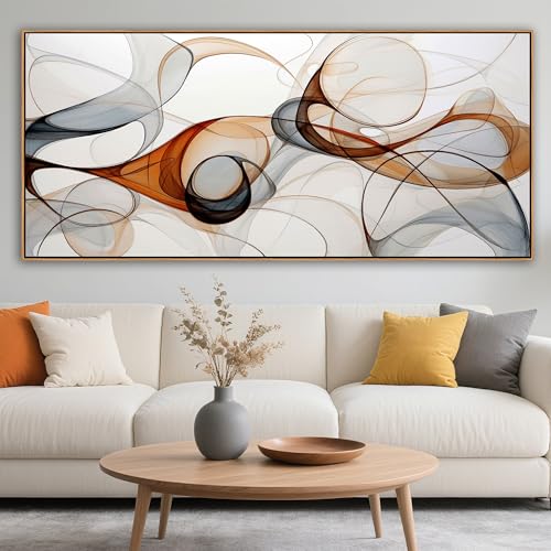 KLAKLA Modern Abstract Frame Wall for Living Room Gray and Brown Designs Colorful Curves and Translucent Medium Office Wall Decor Picture Artwork for walls - 70x31 Inches - color: White + Orange Frame, size: 70"L x 31"W