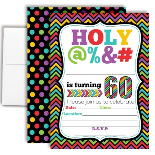HOLY @% 60th Birthday Party Invitations, 20 Funny 5x7 Fill In Cards with Twenty White Envelopes for Milestone Birthdays by AmandaCreation - style: Fill in- 20 Pack