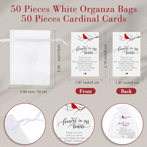 Ctosree 50 Set Funeral Gifts Celebration of Life Decorations Idea Mini Tear Shaped Memorial Ornament Pocket Token Cardinal Funeral Prayer Cards and Organza Bags Favors for Guests
