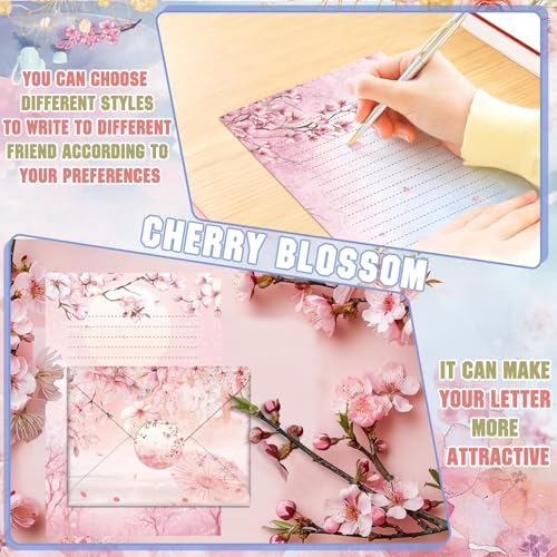 TaoBary 160 Pcs Cherry Blossom Stationery Paper and Envelopes Set | 5.5 x 8.25'' Letter Writing Kit, 50 Double Sided Stationery Writing Papers 50 Matching Envelopes 60 Round Dot Sticker - size: 5.5 x 8.25 Inch, style: Cherry Blossom