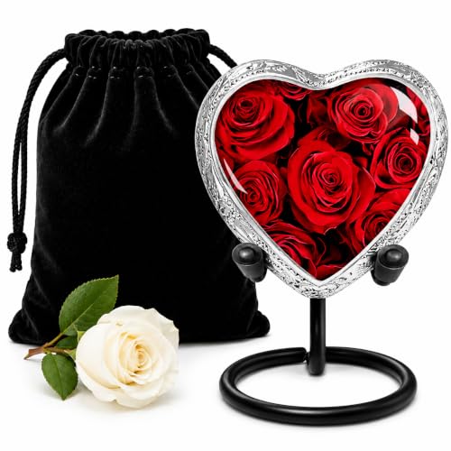Red Rose Heart Keepsake Urn for Human Ashes – Small Heart-Shaped Cremation Urn for Women – Floral Tribute of Eternal Love for Sharing - color: Red Roses, size: Heart Keepsake