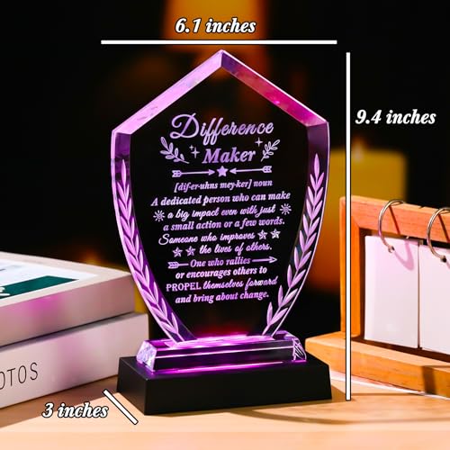 Difference Maker Gifts for Women Men, Appreciation Crystal Plaque | Difference Maker Engraved Definition Desk Decor with Light Base, You Made a Difference Gifts for Teacher Nurse Mentor Boss - style: Difference maker+Light Base