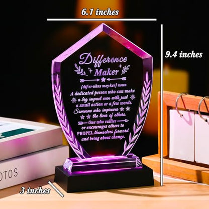 Difference Maker Gifts for Women Men, Appreciation Crystal Plaque | Difference Maker Engraved Definition Desk Decor with Light Base, You Made a Difference Gifts for Teacher Nurse Mentor Boss - style: Difference maker+Light Base