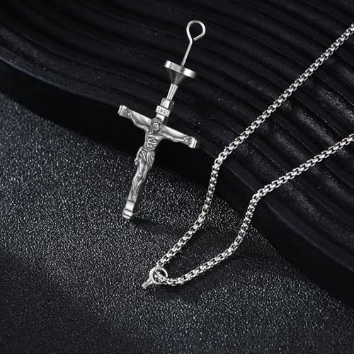 925 Sterling Silver Cross Necklace for Men & Women Crucifix Jesus/Cross Pendant with 22"+2" Stainless Steel Chain Jewelry Gift for Christmas, Father's Day, Mother's Day, Birthday-Gift Box Included - style: C03 Crucifix Urn