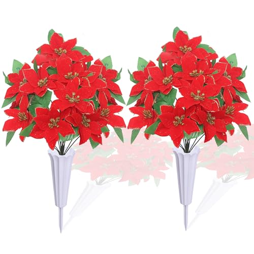 Lodou Artificial Cemetery Flowers for Grave,2 Sets Christmas Artificial Cemetery Flowers with Vase for Grave Christmas Bouquet,Outdoor Grave Decorations (Red) - color: Red