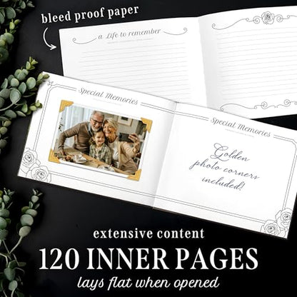 Funeral Guest Book – Black Memorial Guest Book for Funeral, “in Loving Memory” Gold Foil Sign in Book, Photo Slot Cover, 120 Pages, Pen & Stand Included