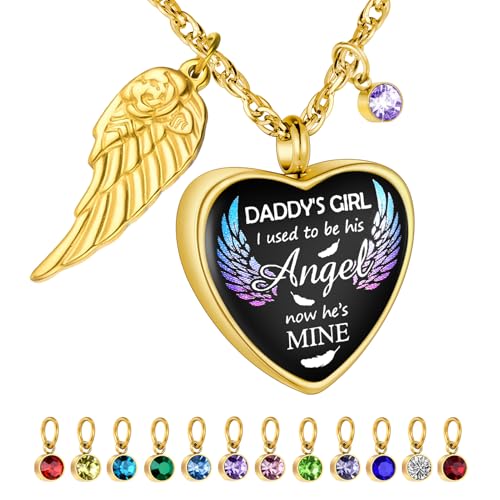 Dletay Heart Urn Necklace for Ashes Birthstones Cremation Jewelry for Ashes Stainless Steel Ash Necklace Memorial Ash Holder - color: Gold