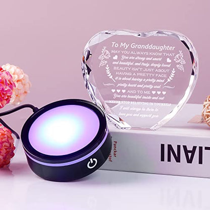 YWHL Granddaughter Gifts from Grandma Graduation Birthday Gifts for Granddaughter Heart Crystal to My Granddaughter Keepsakes Gift with Colorful Base on Wedding Back to School Valentine Christmas - color: Granddaughter Gifts+led