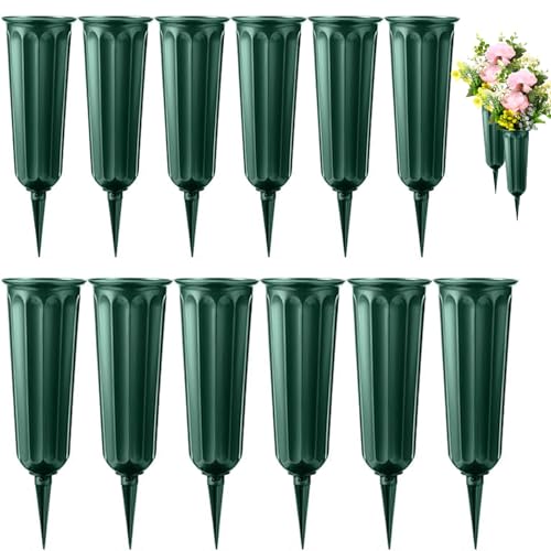Cemetery Vases for Grave with Spikes Grave Flower Holder for Gravesite Grave Vases for Cemetery with Stake Cemetery Flower Holder for Loss of Loved One 12 Pack - color: Green