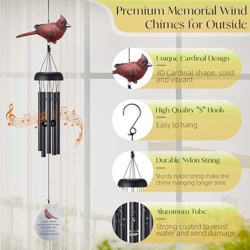 Cardinal Memorial Wind Chimes for Outside, Sympathy Gifts for Loss of Loved One, Ideal Funeral Bereavement Gifts for Loss of Mom and Dad