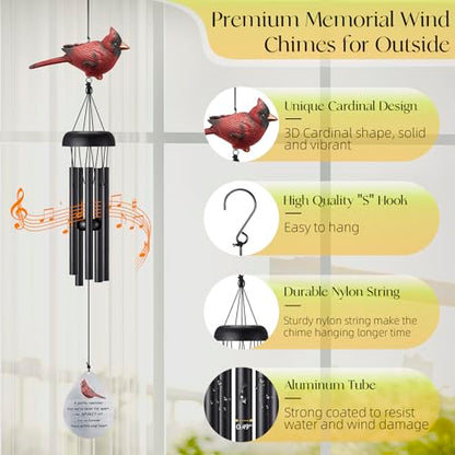 Cardinal Memorial Wind Chimes for Outside, Sympathy Gifts for Loss of Loved One, Ideal Funeral Bereavement Gifts for Loss of Mom and Dad