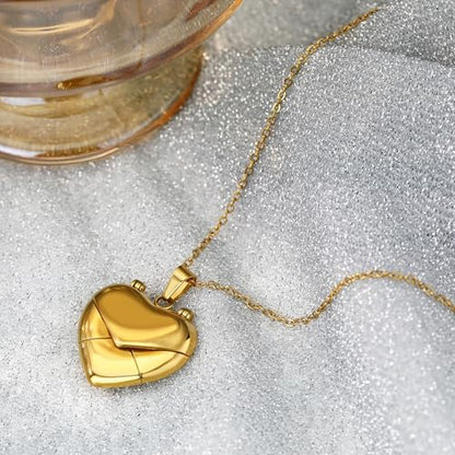 Gold Locket Necklace for Women Vintage, Heart Star Moon Butterfly Angel Holds Picture Photo Oval Locket Pendant Memorial Necklace Personalized Celestial Jewelry Birthday Gifts - style: Heart Envelope