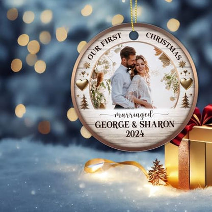 Personalized Our First Christmas Married Keepsake - Custom Photo Ornament for Engaged Couples - Customized Name and Text Engagement Keepsake - color: Our First Christmas Married