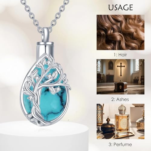 Diamond Tree of Life Urn Necklace for Ashes 925 Sterling Silver Family Tree of Life Cremation with Funnel Filler Ash Holder Keepsake Memorial Jewelry Gifts for Women,18+2 inch - style: Style 1-Turquoise