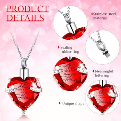Huquary 16 Pcs Urn Necklace for Ashes Waterproof Stainless Steel Carved Ashes Locket with 8 Filling Kit Heart Cylinder Cross Cubic Fish Hook Jewelry for Ashes with Wing Diamond for Men Women - color: Red