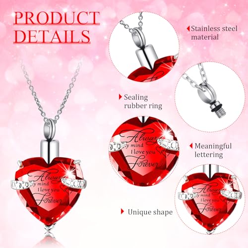 Huquary 16 Pcs Urn Necklace for Ashes Waterproof Stainless Steel Carved Ashes Locket with 8 Filling Kit Heart Cylinder Cross Cubic Fish Hook Jewelry for Ashes with Wing Diamond for Men Women - color: Red
