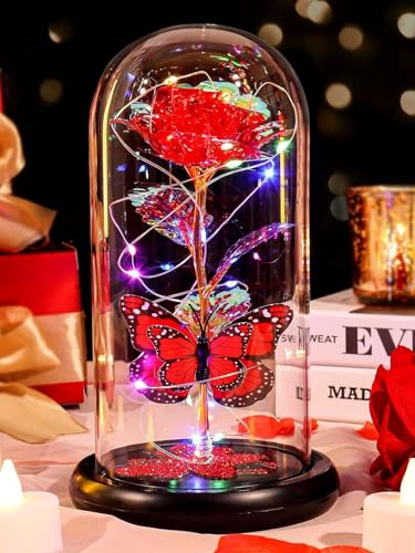 Birthday Gifts for Women Mom Galaxy Crystal Flower Red Rose in Glass Dome - color: Rose Red