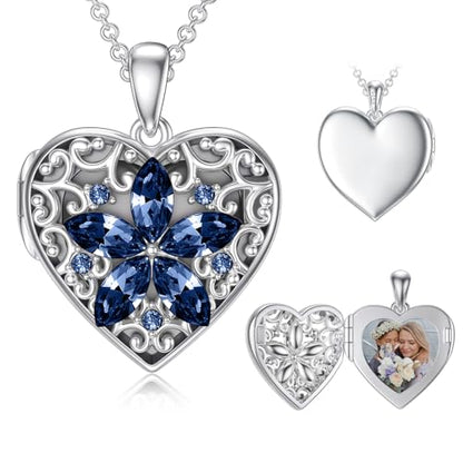 Dorunmo Personalized Locket Necklace 925 Sterling Silver that Holds Pictures Butterfly Birthstone Photo Heart Locket Custom Jewelry Congratulations New Beginnings New Job Gifts for Women - color: Sapphire Flower, style: Personalized Photo + Text
