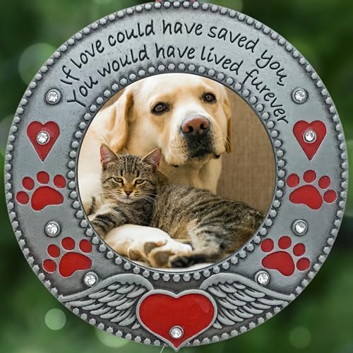 Pet Memorial Photo Ornaments Set of 3, Dog or Cat Remembrance Keepsake Picture Frames with Angel Wings, Paw Prints, Red Hearts, Enameled & Jeweled, Gift Bag Included, 3 Inch Round Holds 2 Inch Photo - size: 3 Standard