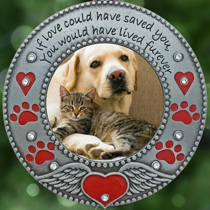 Pet Memorial Photo Ornaments Set of 3, Dog or Cat Remembrance Keepsake Picture Frames with Angel Wings, Paw Prints, Red Hearts, Enameled & Jeweled, Gift Bag Included, 3 Inch Round Holds 2 Inch Photo - size: 3 Standard